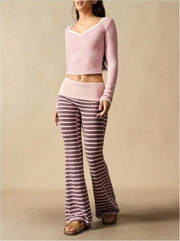 Floerns Women's Casual Fold Over Leggings Striped Flare Low Rise Lounge Yoga Pants in Kuwait