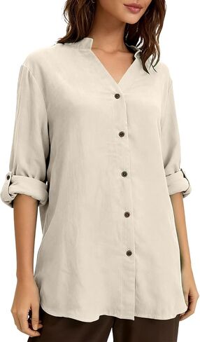 Cotton Linen Tops for Women Rolled Up Sleeve Button Down Shirts Casual Loose Fit Blouse Work Spring Summer Tops in Kuwait