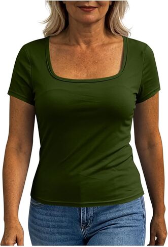 Womens Short Sleeve Tops Built in Bra Summer T Shirts Square Neck Slim Fitted Basic Tees Casual Going Out Tops in Kuwait