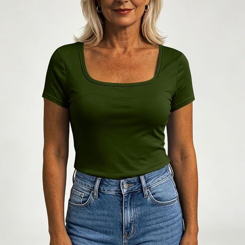 Womens Short Sleeve Tops Built in Bra Summer T Shirts Square Neck Slim Fitted Basic Tees Casual Going Out Tops in Kuwait