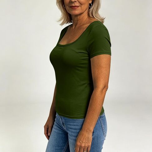 Womens Short Sleeve Tops Built in Bra Summer T Shirts Square Neck Slim Fitted Basic Tees Casual Going Out Tops in Kuwait