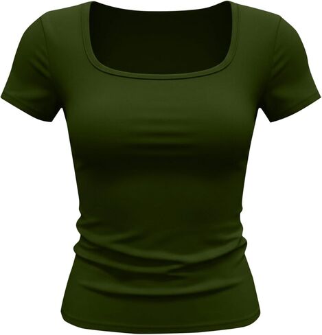Womens Short Sleeve Tops Built in Bra Summer T Shirts Square Neck Slim Fitted Basic Tees Casual Going Out Tops in Kuwait