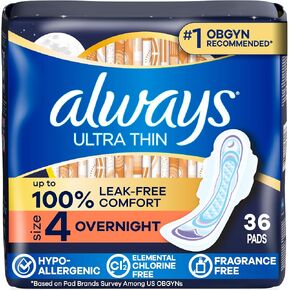 Always Ultra Thin Feminine Pads with Wings for Women, Size 4, Overnight Absorbency, Unscented, Up to 100% Leak-Free Comfort, 36 Count in Kuwait