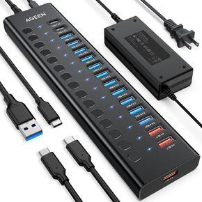 موزع USB يعمل بالطاقة، محور AGEEN 16 منفذ USB 3.0 (10 USB-A 3.0+2 QC 24W شحن سريع + 2 شحن ذكي + 2 منافذ USB-C 3.0)، محول طاقة معتمد 12V/8A 96W UL للكمبيوتر الشخصي والكمبيوتر المحمول والأقراص الصلبة ومحرك أقراص فلاش in Kuwait