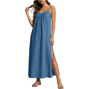 Summer Dresses for Women Spaghetti Strap Cotton Dress Crew Neck Side Split Dresses Pleated Maxi Dress Beach Outfit in Kuwait