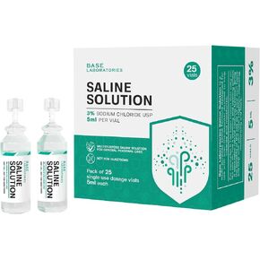 BASE LABORATORIES 3% قوارير محلول ملحي - متعددة الاستخدامات 3% أمبولات ملحية من كلوريد الصوديوم - محلول ملحي خالٍ من المواد الحافظة قوارير للاستخدام الفردي - قوارير من الدرجة USP 25 × عدد 5 مل in Kuwait