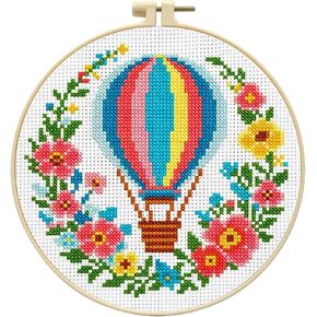 Zhenqing Floral Hot Air Balloon Cross Stitch Kit with Wreath Design - 11CT Printed Fabric 24x24cm, Includes 20cm Plastic Hoop in Saudi Arabia