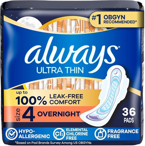 Always Ultra Thin Feminine Pads with Wings for Women, Size 4, Overnight Absorbency, Unscented, Up to 100% Leak-Free Comfort, 36 Count in Kuwait