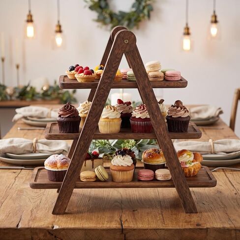 CALLARON 3 Tier Wooden Serving Tray Stand 16.92X15.74X8.14In Multi-Layer Food Rack Kitchen Storage Organizer Tray Wooden Display Rack for Dining Room Party Home in Kuwait