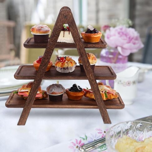 CALLARON 3 Tier Wooden Serving Tray Stand 16.92X15.74X8.14In Multi-Layer Food Rack Kitchen Storage Organizer Tray Wooden Display Rack for Dining Room Party Home in Kuwait