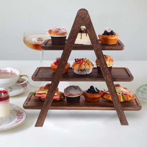CALLARON 3 Tier Wooden Serving Tray Stand 16.92X15.74X8.14In Multi-Layer Food Rack Kitchen Storage Organizer Tray Wooden Display Rack for Dining Room Party Home in Kuwait