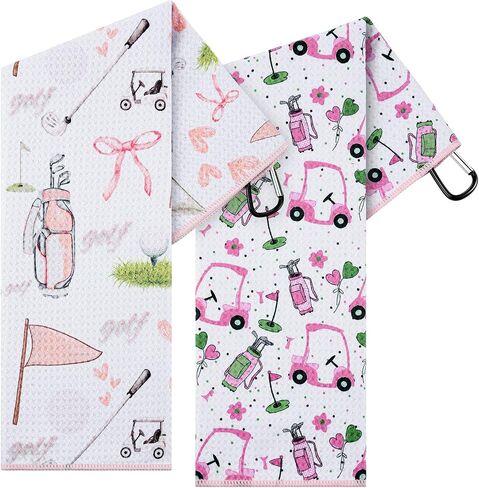 2 Pcs Woman Golf Towel Microfiber Waffle Women Golf Accessories with Clip Holder 19.69 x 15.75 Inches for Ball Fan Golfer Birthday Women Gifts in Kuwait