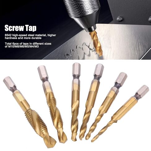 6pcs Screw Tap Drill Bits Kit, High Speed Steel Thread Tapping Tools, Coated Spiral Tap Set with M10 M8 M6 M5 M4 M3 Sizes for Carbon Steel Copper Aluminum (Long) in Kuwait