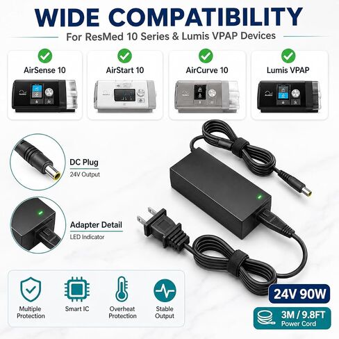 from haoranli 24V AC Adapter for AirSense 10 AirStart 10 CPAP Machine, AirCurve 10, Lumis VPAP BiLevel Series 90W S10 370001 37344 37028 Power Cord in Kuwait
