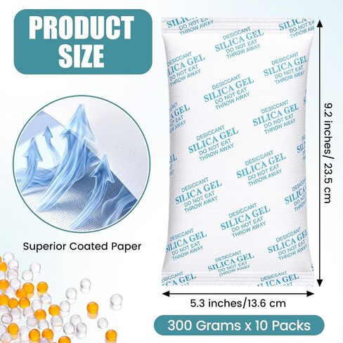 10 Packs 300 Gram Color Indicating Silica Gel Packets, Rechargeable Moisture Absorbers for Storage Food Grade Moisture Absorbers Bags for Storage Bins, 3D Filament, Safes, Electronics in Kuwait