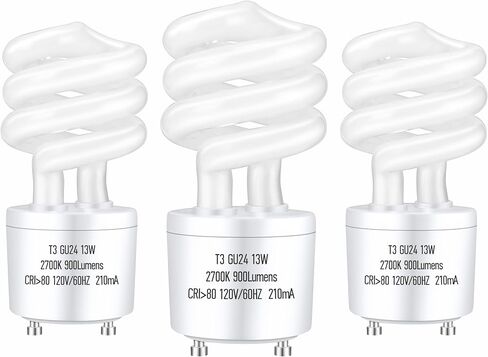 GU24 13Watt 2700K 900lm CFL Light Bulbs, T3 Spiral Gu24 Base 2 Prong (60W Equivalent) Soft White Compact Fluorescent Light Bulbs, UL Approved, 120v 60Hz, Self Ballasted, Indoor Use (3 Pack) in Kuwait