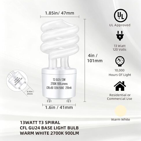 GU24 13Watt 2700K 900lm CFL Light Bulbs, T3 Spiral Gu24 Base 2 Prong (60W Equivalent) Soft White Compact Fluorescent Light Bulbs, UL Approved, 120v 60Hz, Self Ballasted, Indoor Use (3 Pack) in Kuwait
