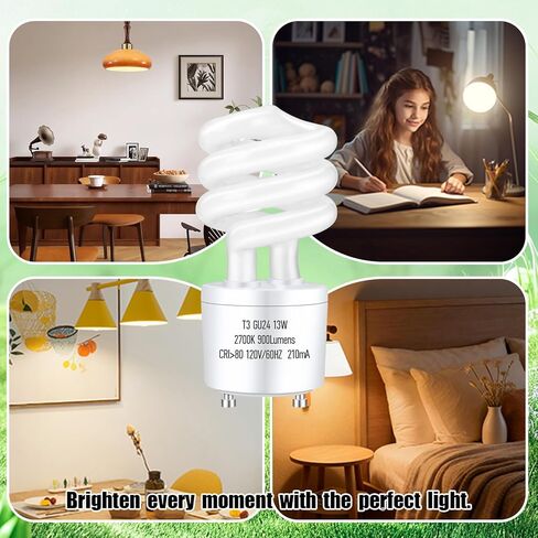 GU24 13Watt 2700K 900lm CFL Light Bulbs, T3 Spiral Gu24 Base 2 Prong (60W Equivalent) Soft White Compact Fluorescent Light Bulbs, UL Approved, 120v 60Hz, Self Ballasted, Indoor Use (3 Pack) in Kuwait