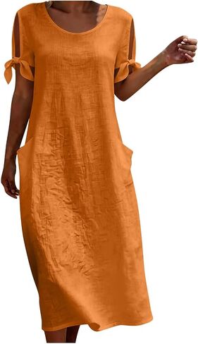 Beessbest Cotton Linen Dresses for Women Tied Short Sleeve Crew Neck Dresses Ruched A-line Dress Summer Dress with Pockets in Kuwait
