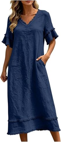 Beessbest Summer Cotton Linen Dress for Women Casual Ruffled Sleeve Dress Raw Edge Ruched Dresses Loose Fit Beach Sundress in Kuwait