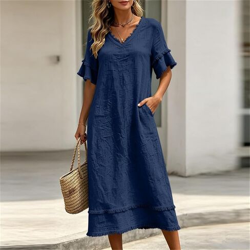Beessbest Summer Cotton Linen Dress for Women Casual Ruffled Sleeve Dress Raw Edge Ruched Dresses Loose Fit Beach Sundress in Kuwait