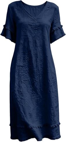 Beessbest Summer Cotton Linen Dress for Women Casual Ruffled Sleeve Dress Raw Edge Ruched Dresses Loose Fit Beach Sundress in Kuwait