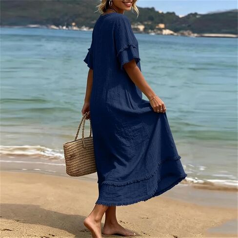 Beessbest Summer Cotton Linen Dress for Women Casual Ruffled Sleeve Dress Raw Edge Ruched Dresses Loose Fit Beach Sundress in Kuwait