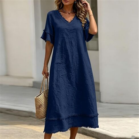 Beessbest Summer Cotton Linen Dress for Women Casual Ruffled Sleeve Dress Raw Edge Ruched Dresses Loose Fit Beach Sundress in Kuwait