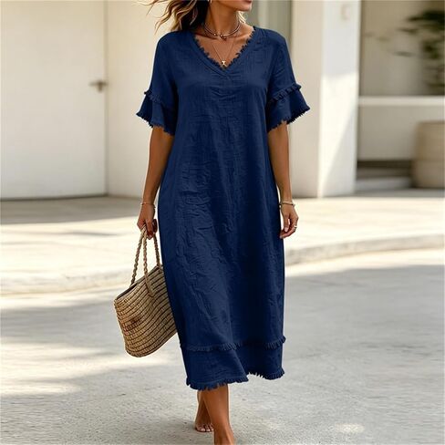 Beessbest Summer Cotton Linen Dress for Women Casual Ruffled Sleeve Dress Raw Edge Ruched Dresses Loose Fit Beach Sundress in Kuwait