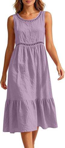 Beessbest Summer Dresses for Women Cotton Sleeveless Dress Hollow Out Casual Dresses Pleated Ruffle Hem Dress Beach Sundress in Kuwait