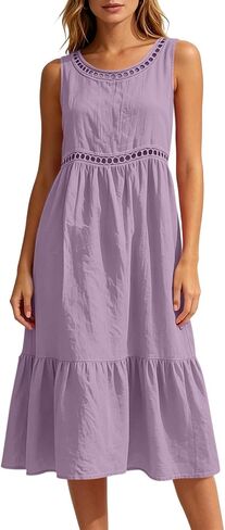 Beessbest Summer Dresses for Women Cotton Sleeveless Dress Hollow Out Casual Dresses Pleated Ruffle Hem Dress Beach Sundress in Kuwait