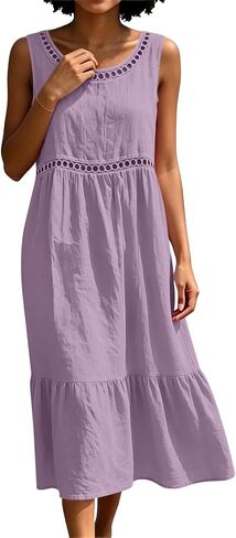 Beessbest Summer Dresses for Women Cotton Sleeveless Dress Hollow Out Casual Dresses Pleated Ruffle Hem Dress Beach Sundress in Kuwait