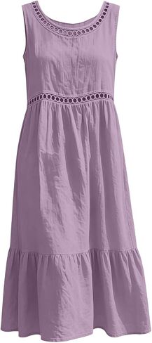 Beessbest Summer Dresses for Women Cotton Sleeveless Dress Hollow Out Casual Dresses Pleated Ruffle Hem Dress Beach Sundress in Kuwait