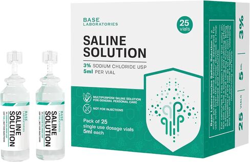 BASE LABORATORIES 3% قوارير محلول ملحي - متعددة الاستخدامات 3% أمبولات ملحية من كلوريد الصوديوم - محلول ملحي خالٍ من المواد الحافظة قوارير للاستخدام الفردي - قوارير من الدرجة USP 25 × عدد 5 مل in Kuwait