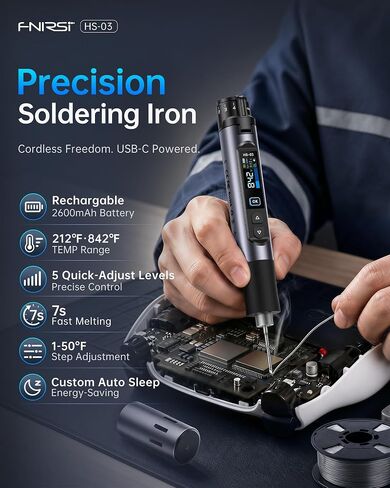 FNIRSI HS-03 Cordless Soldering Iron Kit, 2600mAh Battery Portable Soldering Iron, 212-842°F, 3s Fast Heating, 5-Level Temp, 0.96" IPS Display Soldering Iron for Electronics Repair, DIY, PCB in Kuwait