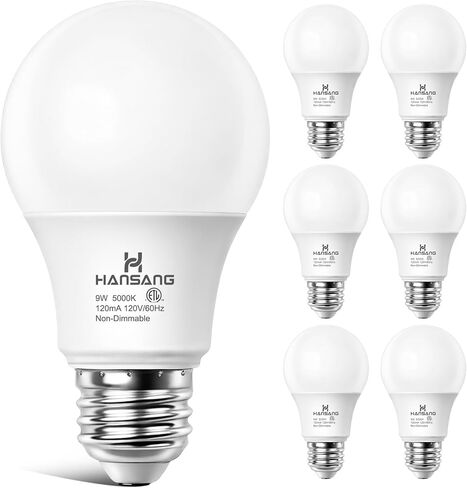 مصابيح إضاءة LED A19، ما يعادل 60 وات، لمبة LED E26 في ضوء النهار 5000 ك، كفاءة 9 وات، 800 لومن، 120 فولت، CRI 85، صديقة للعين لغرفة النوم وغرفة المعيشة، غير قابلة للتعتيم، 6 عبوات in Kuwait
