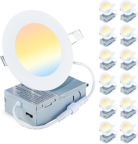4 inch LED Recessed Lights with Juntion Box,12 Pack, 5CCT Dimmable,11W=75W | 5CCT Dimmable, 800LM, CRI 90+, Ultra Slim Canless Wafer Downlight for Bedroom, Living Room, Office ,Hallway in Kuwait