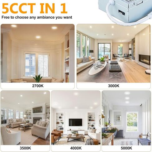 4 inch LED Recessed Lights with Juntion Box,12 Pack, 5CCT Dimmable,11W=75W | 5CCT Dimmable, 800LM, CRI 90+, Ultra Slim Canless Wafer Downlight for Bedroom, Living Room, Office ,Hallway in Kuwait