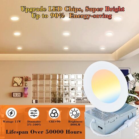 4 inch LED Recessed Lights with Juntion Box,12 Pack, 5CCT Dimmable,11W=75W | 5CCT Dimmable, 800LM, CRI 90+, Ultra Slim Canless Wafer Downlight for Bedroom, Living Room, Office ,Hallway in Kuwait