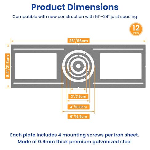 12 Pack New Construction Mounting Plate for 3/4/5 Inch LED Recessed Lighting, Galvanized Steel Rough-in Plate, Flat Wafer Light Bracket for Ceiling Downlight Housing Installation in Kuwait