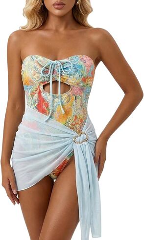 SHENHE Women's Cutout One Piece Swimsuit with Cover Up Sarong Strapless Bandeau Bathing Suit in Kuwait