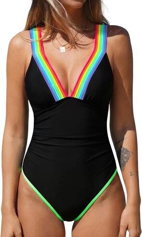 popvil Womens One Piece Swimsuit 2026 Bathing Suit Rainbow Neon Deep V Neck Waist Tummy Control Swimsuits Black Swimwear in Kuwait
