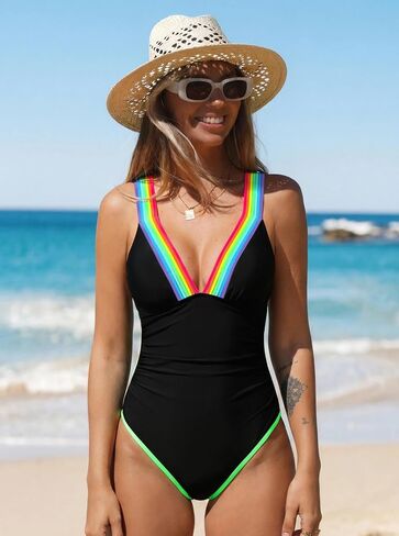 popvil Womens One Piece Swimsuit 2026 Bathing Suit Rainbow Neon Deep V Neck Waist Tummy Control Swimsuits Black Swimwear in Kuwait