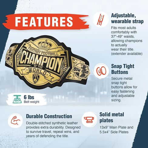 TrophySmack World Heavyweight Fantasy Football Championship Belt - 6lb Heavy Metal Title - Premium FFL League Trophy, Champion Award for Winners, Bold Hardware, Double-Stitched Synthetic Leather in Kuwait