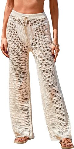 Womens Crochet Knit Elastic Waist Swimsuit Coverup Summer 2025 Striped Beach Bathing Suit Cover Up Pants in Kuwait
