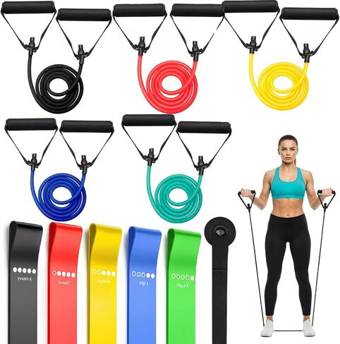 Leyndo 11 Pack Resistance Bands with Handles 5 Tube Exercise Band Handle 5 Bands Workout Door Anchor Straps for Muscle Recovery Home Gym Strength Training for Men Women in Kuwait