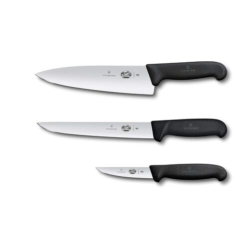 Victorinox Fibrox 3 Piece Chef's Set - Carving and Paring Knives, Black | Professional grade NSF approved cutlery featuring ergonomic non-slip handles and dishwasher safe stainless steel blades in Kuwait