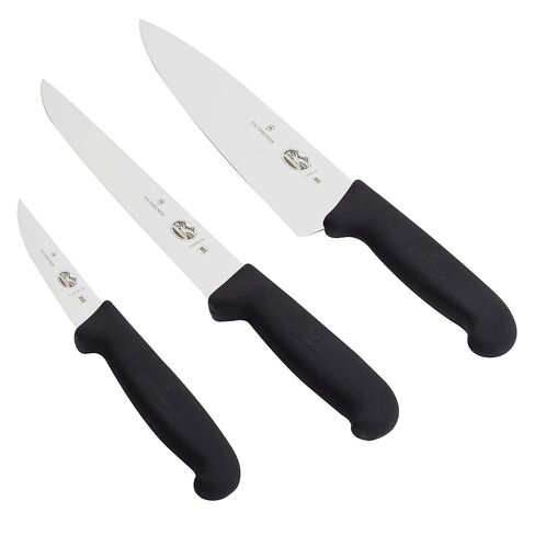 Victorinox Fibrox 3 Piece Chef's Set - Carving and Paring Knives, Black | Professional grade NSF approved cutlery featuring ergonomic non-slip handles and dishwasher safe stainless steel blades in Kuwait