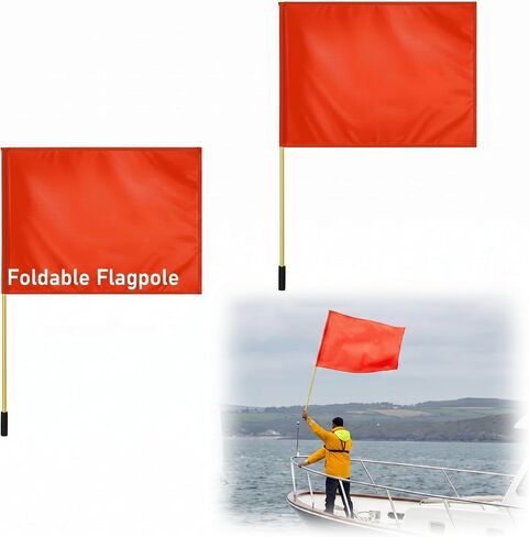 2-Pack Orange Boat Safety Flags with 46" Foldable Aluminum Pole – Extra-Large (30" x 23") High-Visibility "Skier Down" Flag for Water Skiing, Wakeboarding, Tubing, Kayaking, Fishing, and Boating in Kuwait