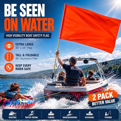2-Pack Orange Boat Safety Flags with 46" Foldable Aluminum Pole – Extra-Large (30" x 23") High-Visibility "Skier Down" Flag for Water Skiing, Wakeboarding, Tubing, Kayaking, Fishing, and Boating in Kuwait